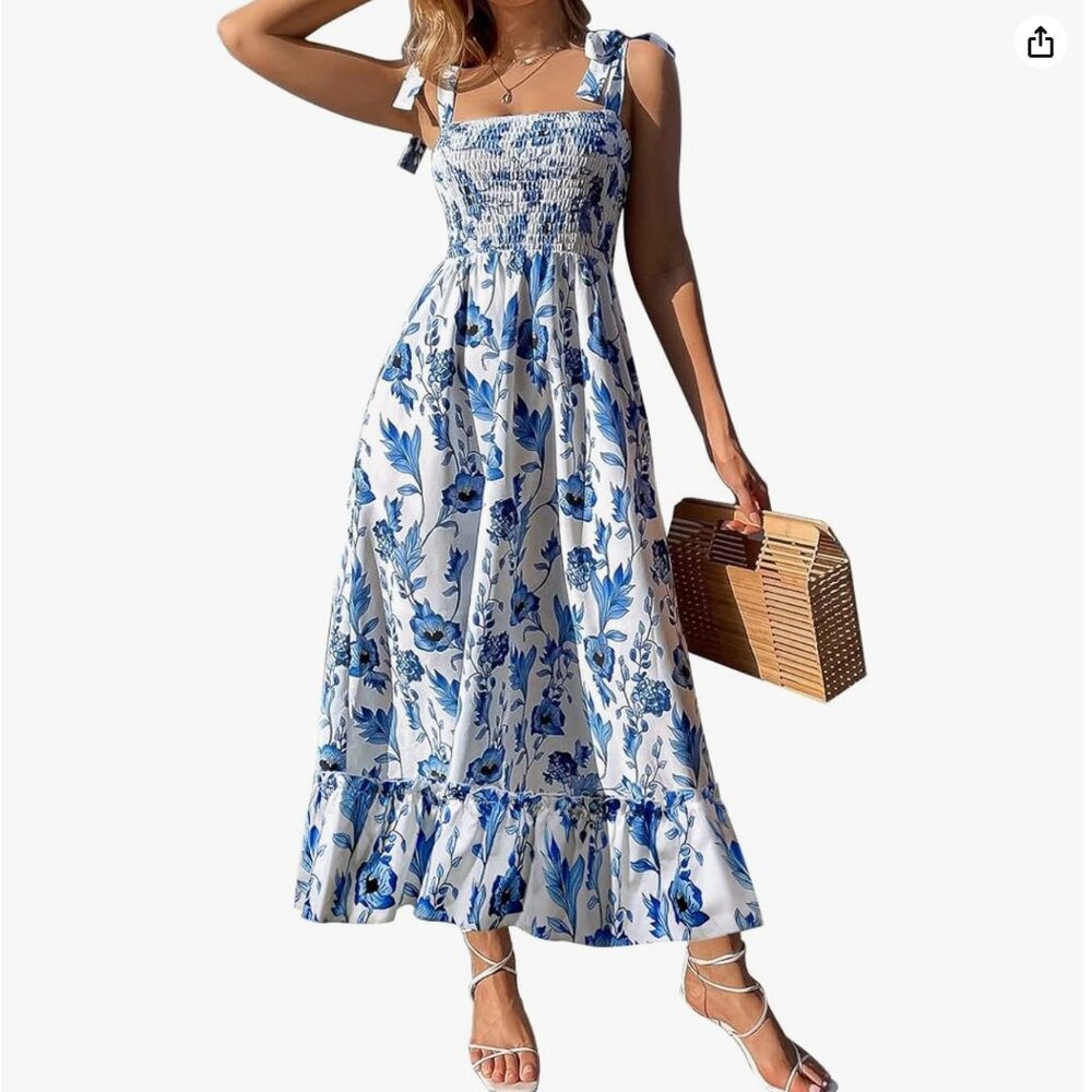 Blue Floral Smocked Maxi Dress Tie Strap Ruffle Hem, Size L,  NWT